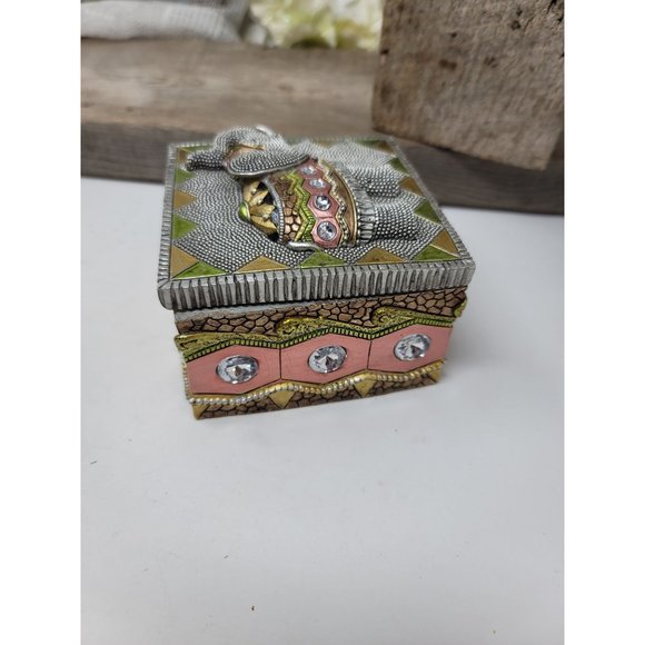 Elephant Trinket Box Raised Design Rhinestones Trunk up - Picture 7 of 8